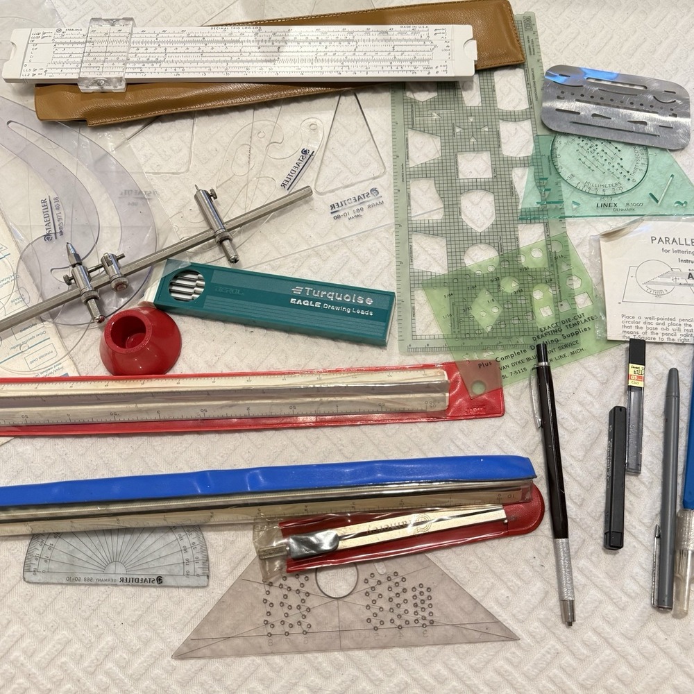 Vintage Engineering Drafting Tools Lot Sterling Slide Rule Staedtler Rulers IBM